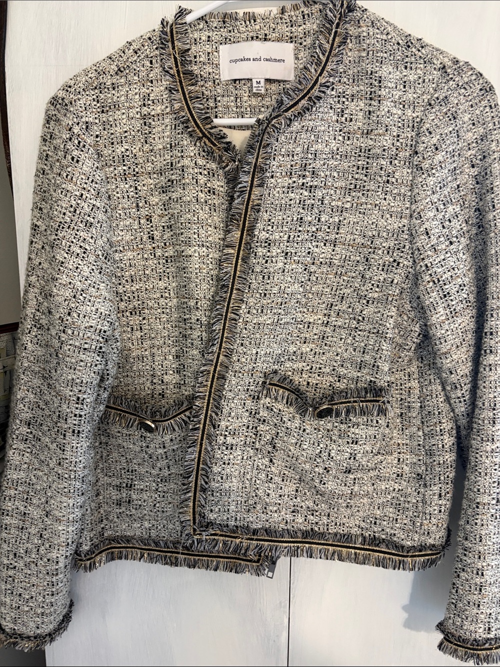 cupcakes & cashmere Black and White Tweed Fringe Jacket